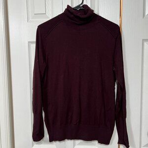 LOFT Burgundy Turtleneck Sweater Wm M Cotton Blend Classic Raw Hem Lightweight